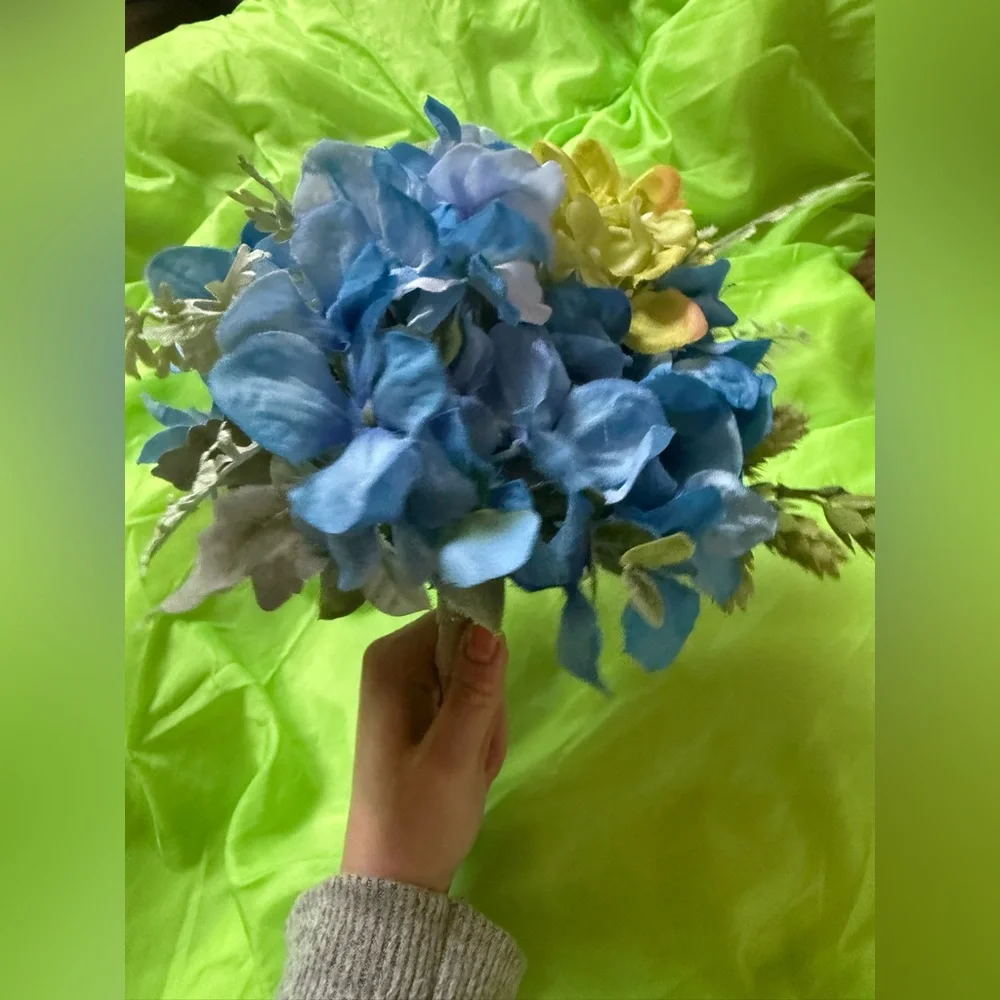 Wedding Bride Bridesmaid Bouquet Floral Leaves Silver Blue Green Peach Hydrangea